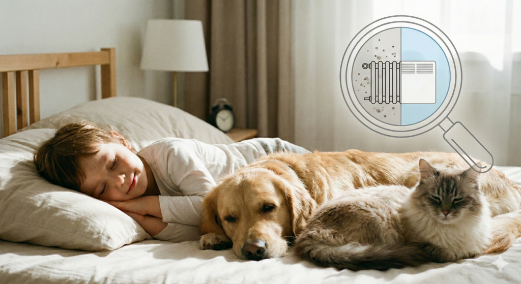 Kind im Bett mit Haustieren