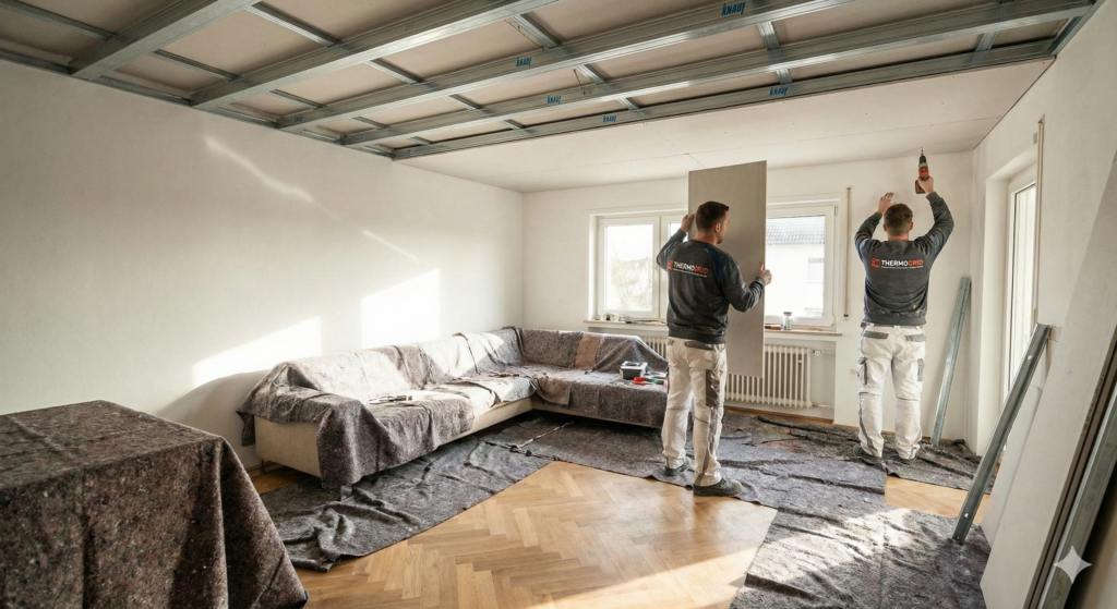 Monteure bei der Montage der Deckenpaneele