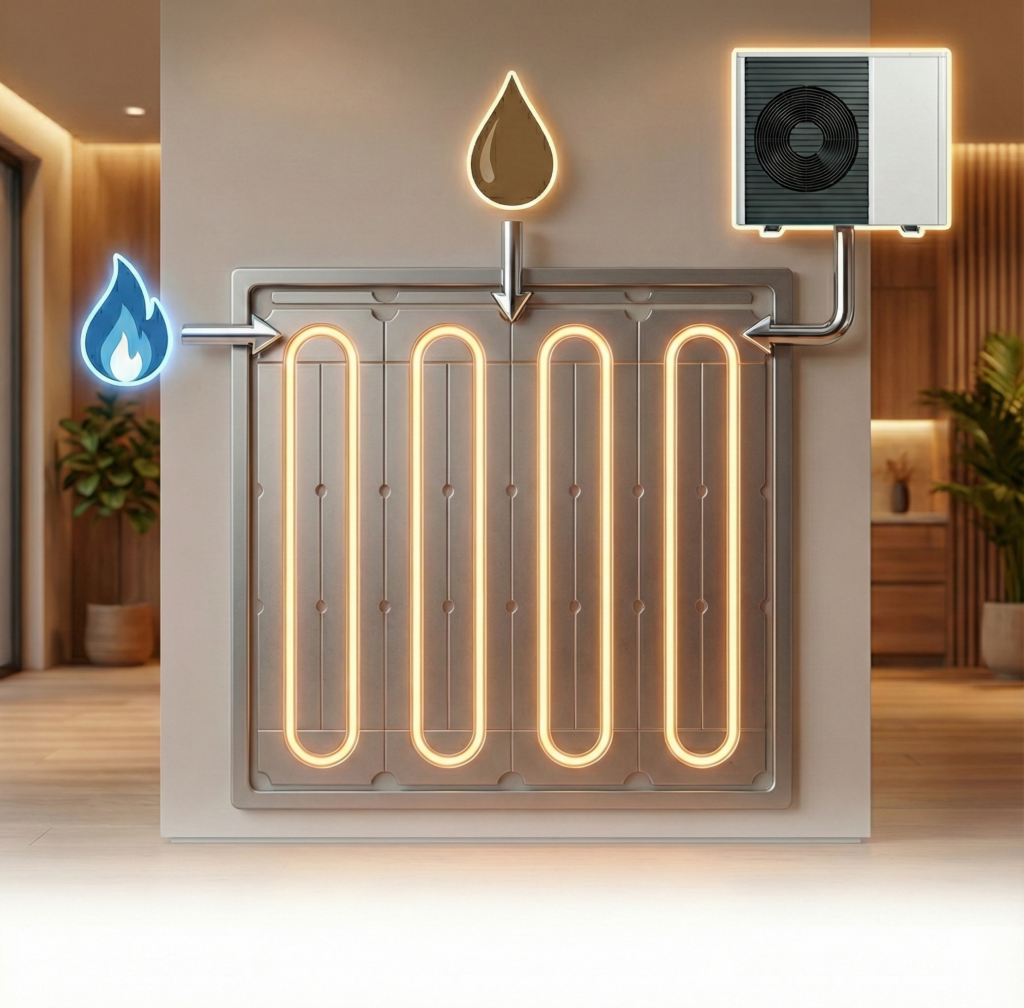 heizpaneel mit Symbolen für Gas, Öl und Wärmepumpe