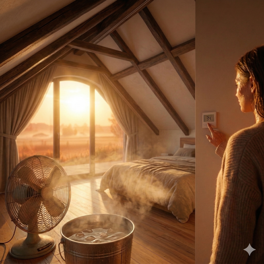 Frau im Dachgeschoß, schwitzend mit Ventilator und Eiswürfeln