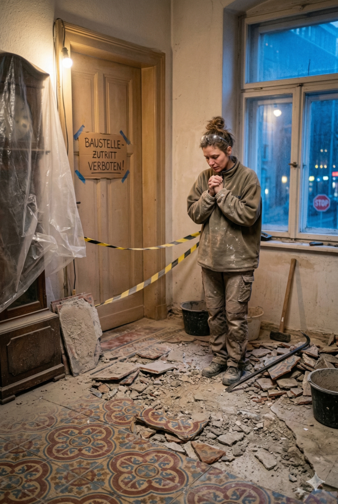 Frau verzweifelt auf Baustelle mit aufgerissenem Fußboden